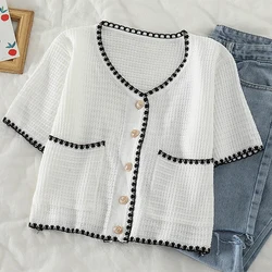 HELIAR Women Buttons Up T-shirts Elegant Office Top Knit V-Neck Short Sleeve Shirt Casual Solid Tees Spring Summer Blouse