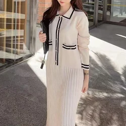 Casual and elegant autumn and winter lapel striped button single breasted pocket long sleeved vertical patterned dress
