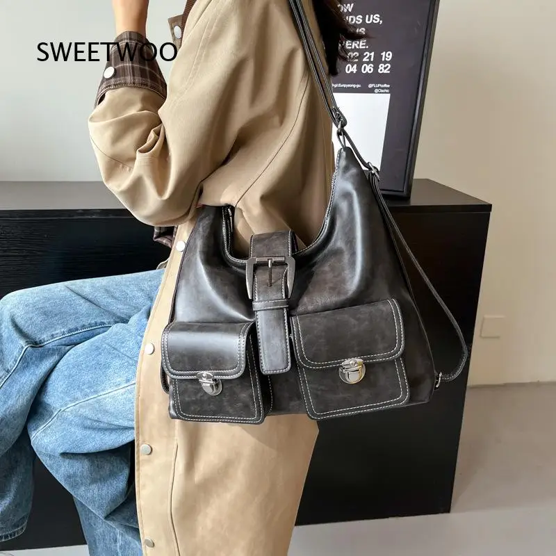 Dark Grey Distressed PU Hobo Tote Bag Double Flap Pocket Metal Buckle Moto Style Shoulder Crossbody Bag