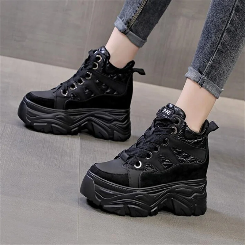 Women\'s Ankle Boots Autumn Chunky Shoes Woman Platform Height Increased Sneakers 8CM Thick Sole Wedges Black Boots Winter