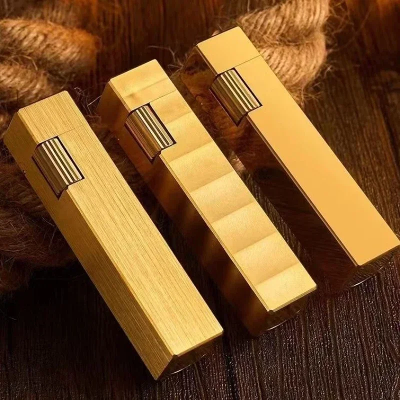 Retro Handmade Brass Kerosene Lighter Small Square Side Pulley Lighter Cigarette Lighter Smoking Accessories Gadget with Box