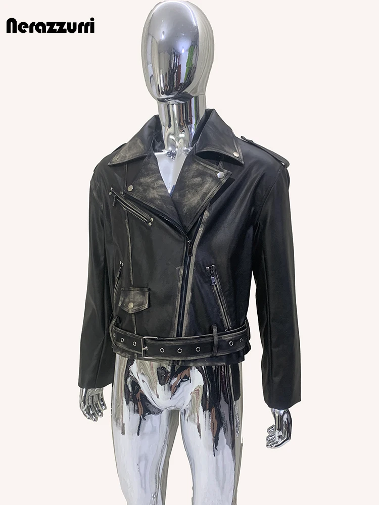 Nerazzurri Autumn Cool Handsome Short Distressed Black Thick Warm Pu Leather Moto & Biker Jacket Men Luxury Designer Clothes
