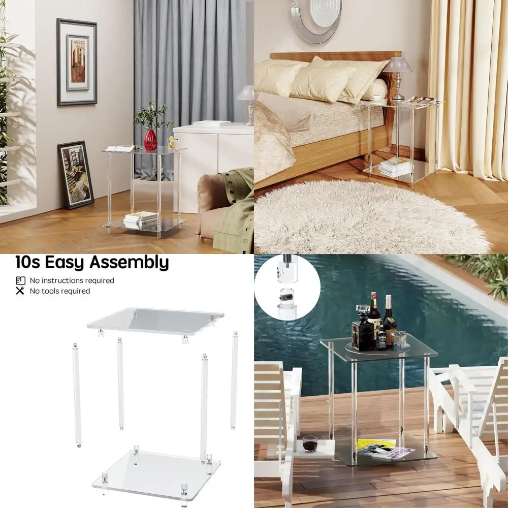 

Quick-Setup Acrylic 2-Tier Side Table, 19x19x23 Inches, Ideal for Outdoor and Indoor Use