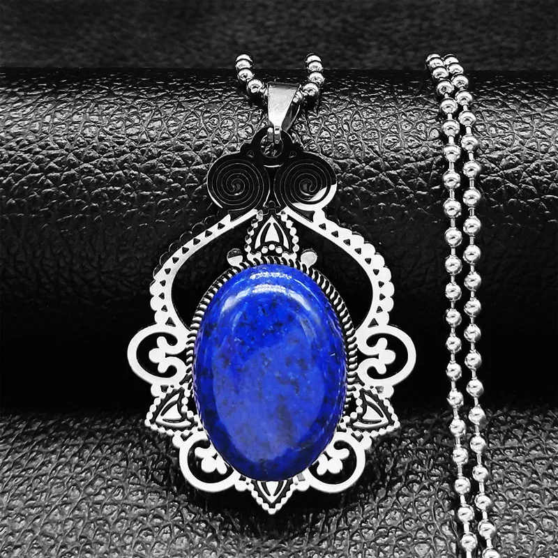 Lapis Lazuli Stainless Steel Natural Stone Bohemia Necklace Silver Color Charm Necklace Jewelry collar acero inoxidable N2834S04