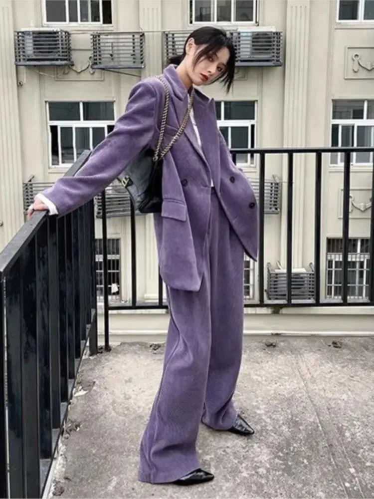 سيدات الأعمال السراويل الدعاوى خمر الشارع سروال قصير عادية مزدوجة الصدر السترة عالية الخصر بنطال ذو قصة أرجل واسعة 2 قطعة تأليف