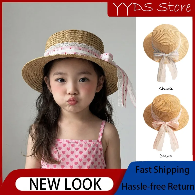 summer-lace-bow-wide-brim-sun-hat-uv-protection-parent-child-cap-for-girls-kids-beach-travel-outdoor-wear