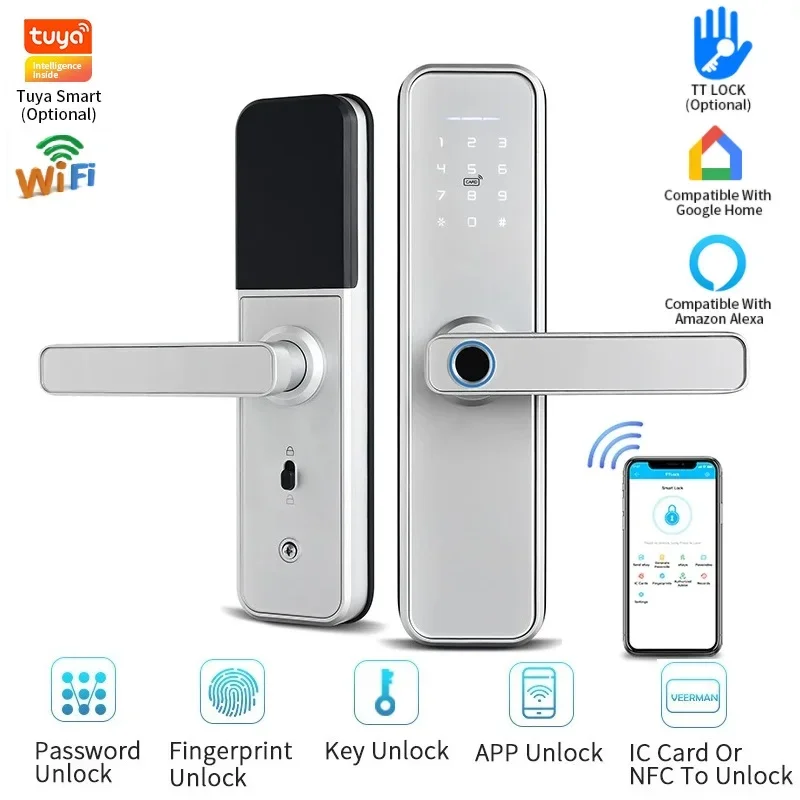 스마트 잠금 Tuya WIFI 앱 원격 잠금 해제 전기 도어락, 지문 비밀번호 IC 카드/NFC TTlock 앱 잠금 해제 핸들 잠금, X5