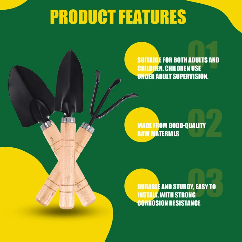 PORK-conjunto de 3 mini ferramentas de jardim ferramentas de plantio manual pequena pá ancinho pá cabo de madeira ferramentas de plantio