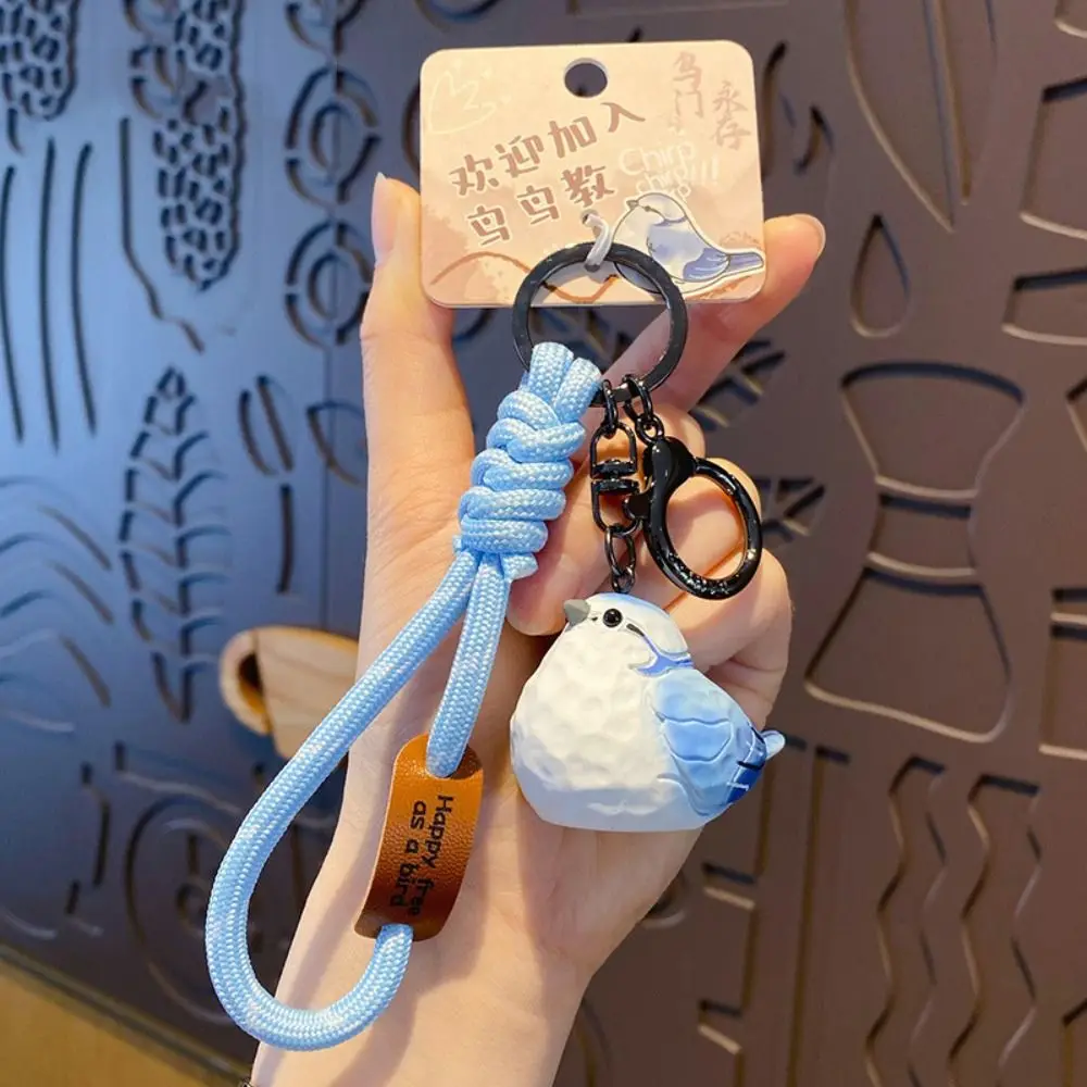 Cartoon Imitation Wood Carving Keychain Grey Blue Tit Kawaii Animal Key Ring Original Design Tree Sparrow Pearl Bird Keychain