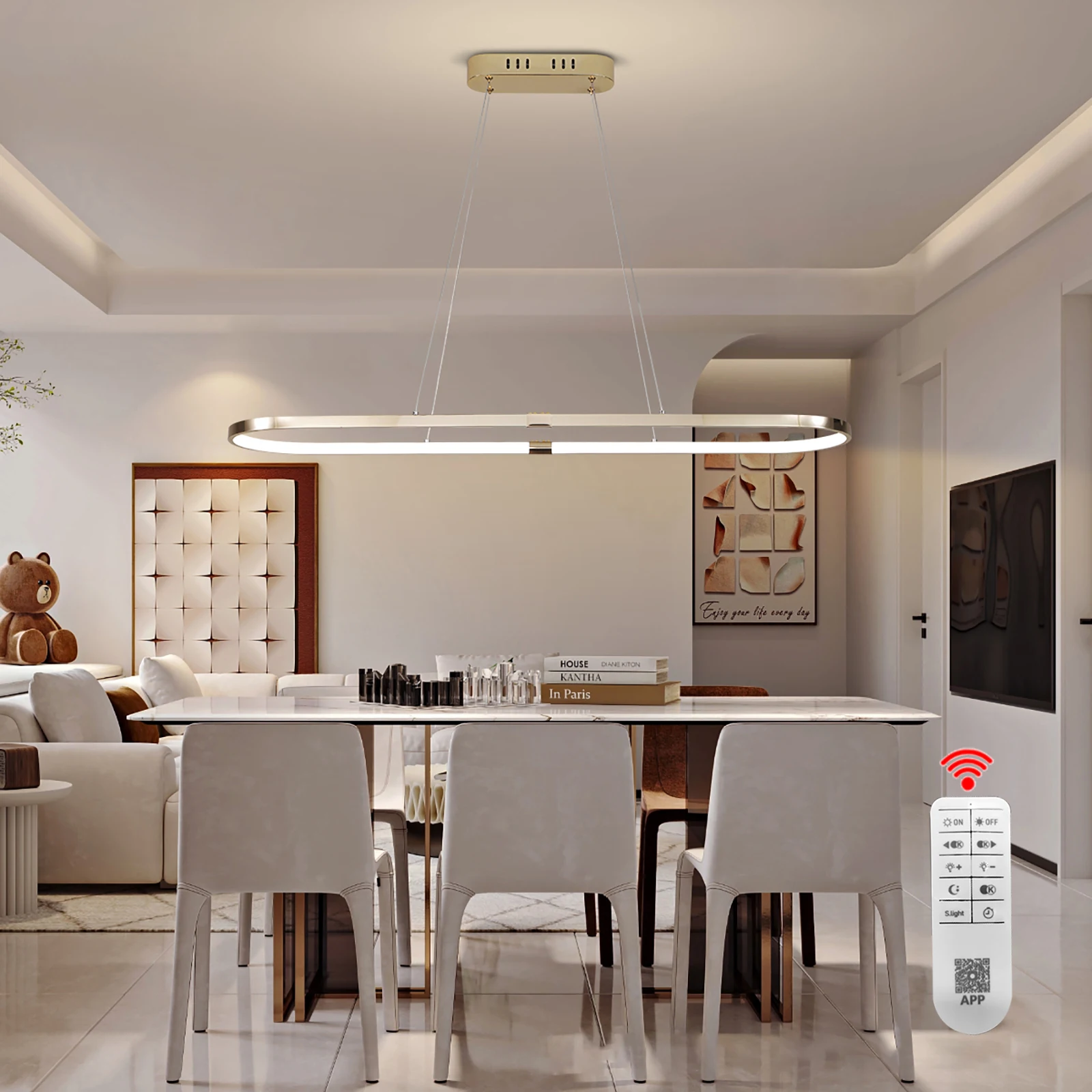 Modern LED Pendant Light Remote Dimmable Chandelier, Adjustable Height Ceiling Pendant Lamp for Kitchen Island Dining Room 100cm
