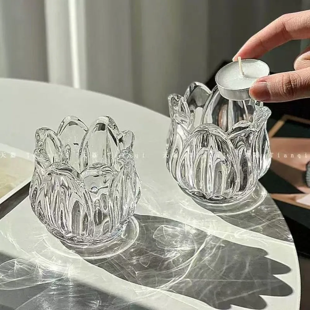 2PCS Vintage Tulip Shaped Clear Candle Holder Romantic Mini Candle Cup Candlestick Decor For Home Restaurant Tabletop Ornament