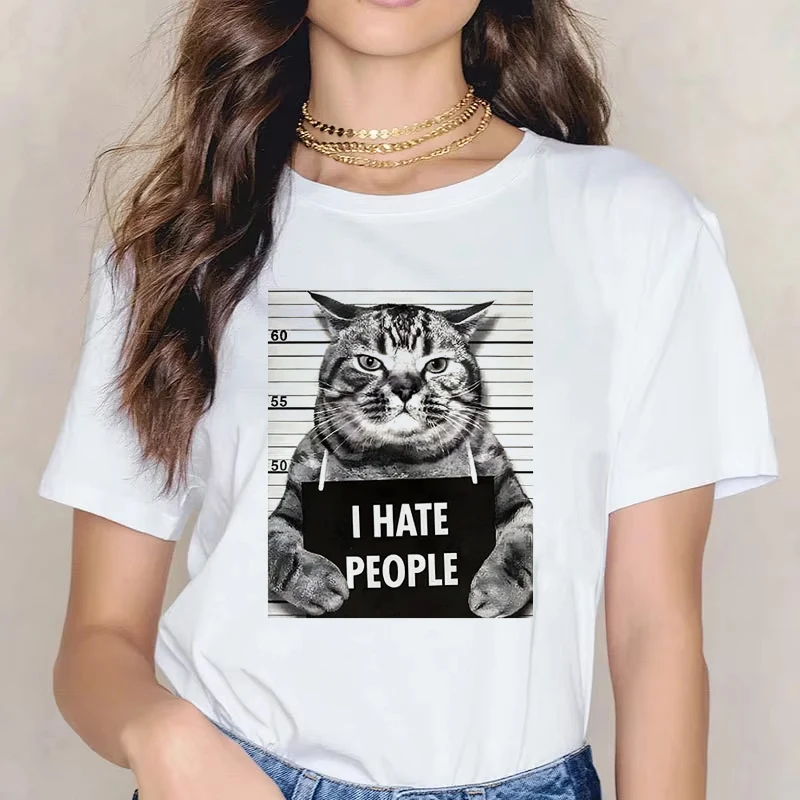 

Funny Women T-shirt I Hate People Meow Print Short Sleeve T Shirt Female Harajuku O-neck Summer Casual Unisex Clothing Top y2k