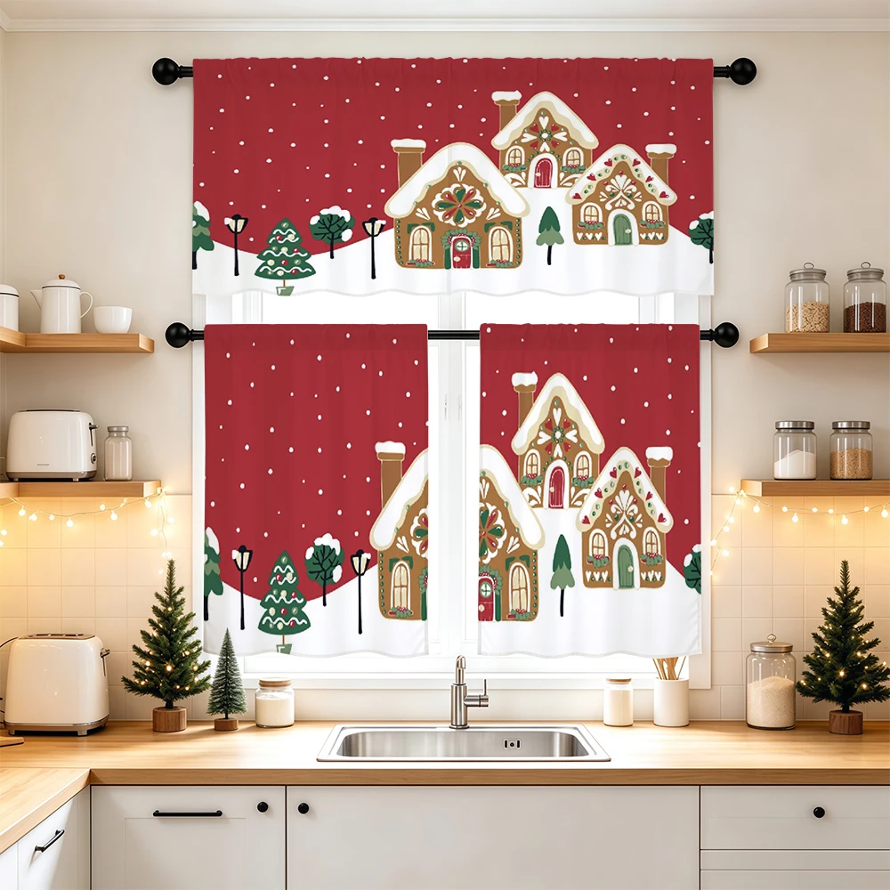 Christmas Kitchen Curtains, Red Gingerbread House Snow, Digital Print, Kitchen Dining Room, Rod Pocket Polyester, Home Decor