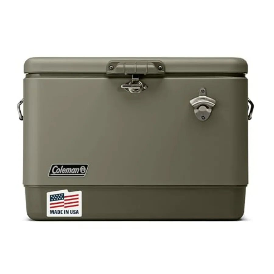 

Portable cooler for camping, tailgating, beach picnic; steel-belted 54qt heavy-duty design; black; leak-resistant with latch ha