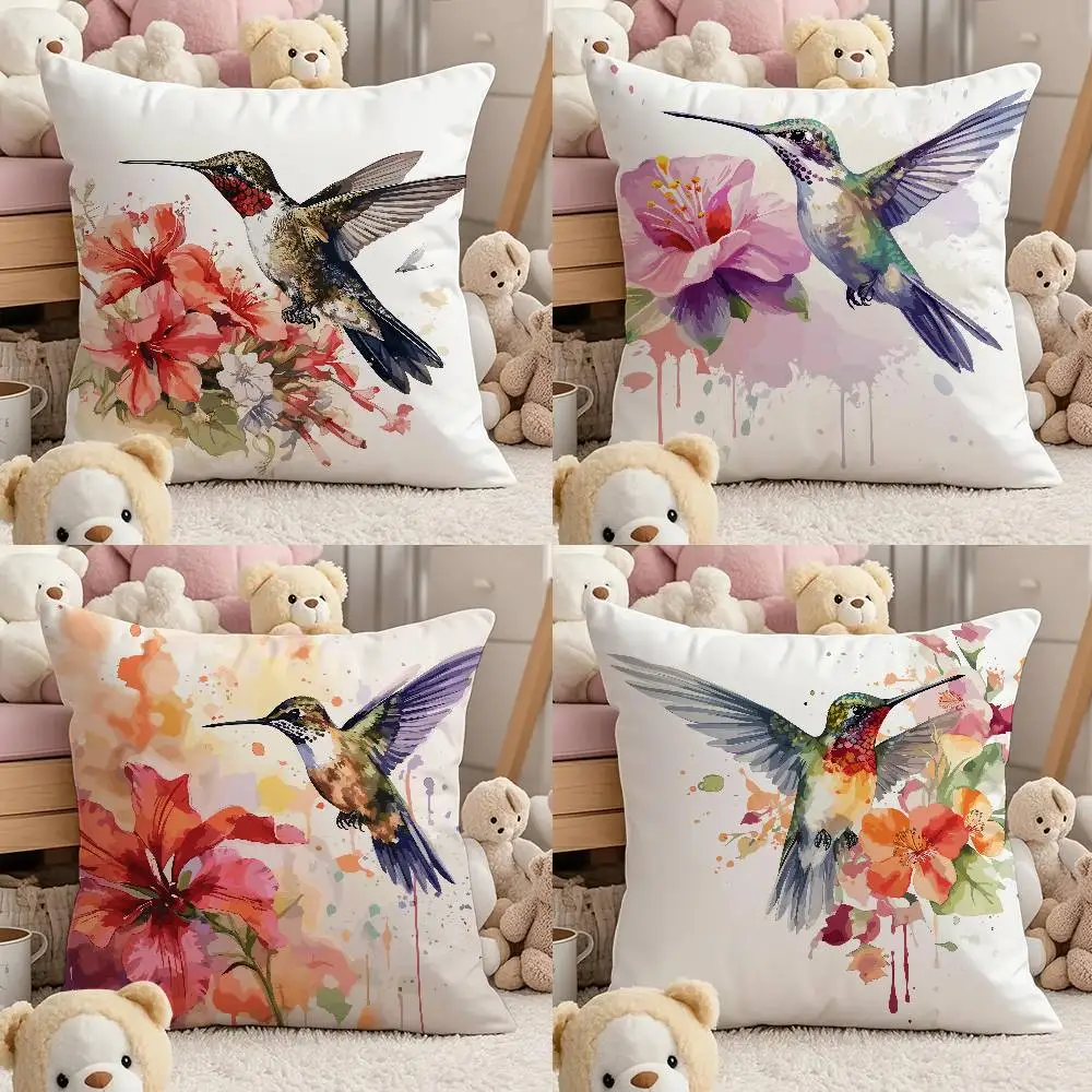 

Hummingbird Spring Flowers Pillow Case Comfort Sofa Bed Silky Elegant Invisible Zipper Custom Decorative Cushion Cover