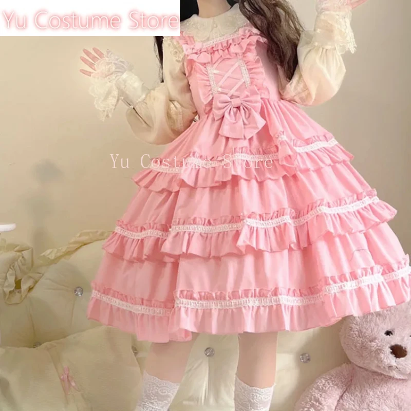 

Yu Costume Kawaii Sweet Lolita Style A-Line Square Collar JSK Ruffles Cupcake Dress Bow Sleeveless Lace Girly Camisole Dresses