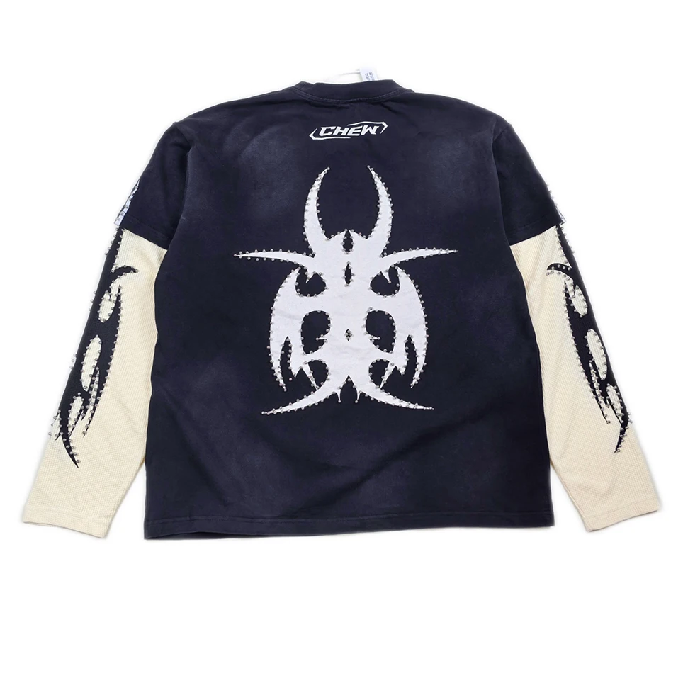 High Street Patchwork Retro Thorn Totem Print Puff Beads Fake Two Piece Tshirt for Men and Women Long Sleeve Autumn Top Tees