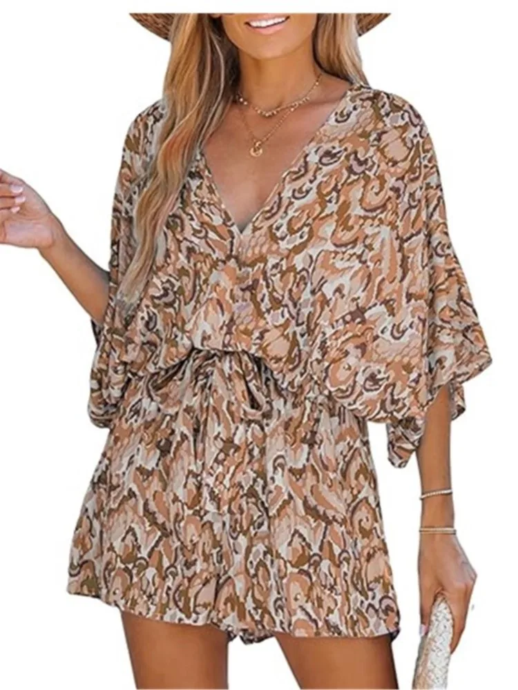 

Summer Casual Rompers Playsuits Jumpsuits For Woman Jumpsuit Women's Clothing Beachwear Printed Leace-up Loose Holiday Vacation