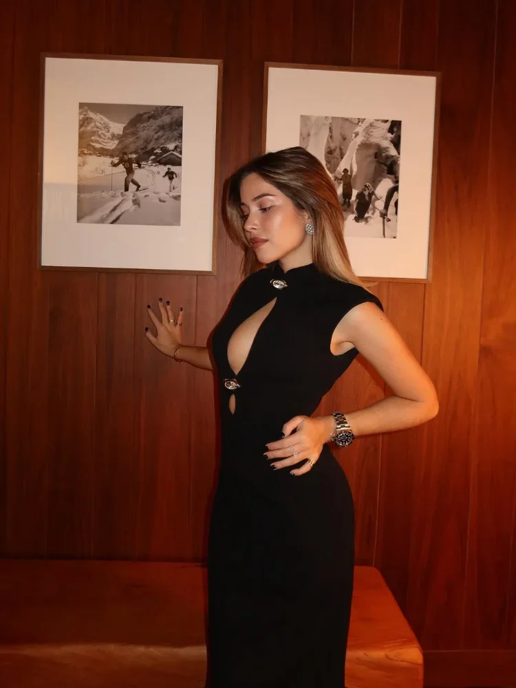 우아한 여성용 블랙 민소매 맥시 드레스 만다린 칼라 컷아웃 슬림핏 가운 여성 이브닝 파티 드레스 2026 봄 신상 트렌디