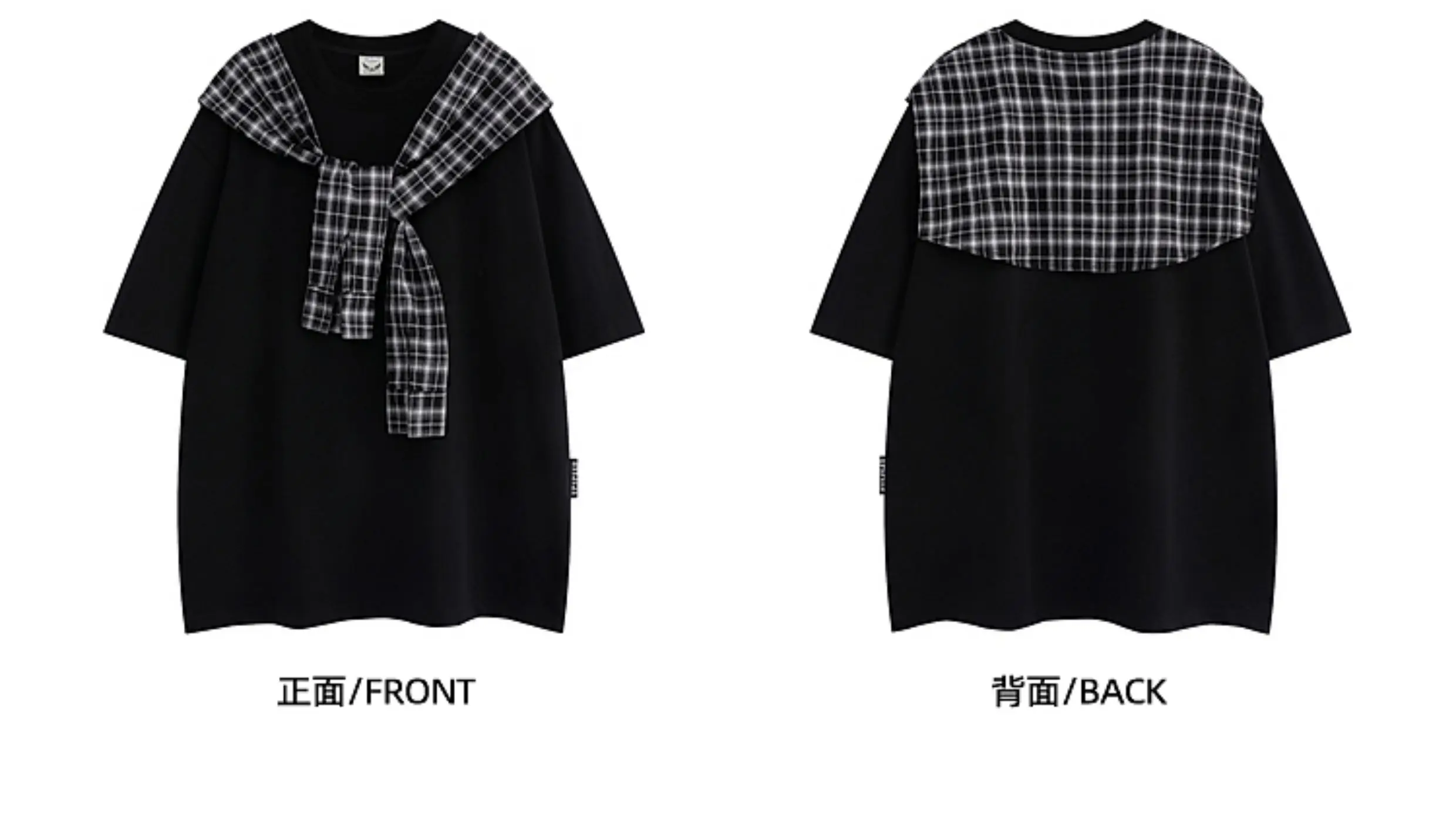 2025 Summer Plaid Shawl Fake Two-Piece Men's Black Round Neck T-Shirt Loose Casual Versatile White Short Sleeve Top