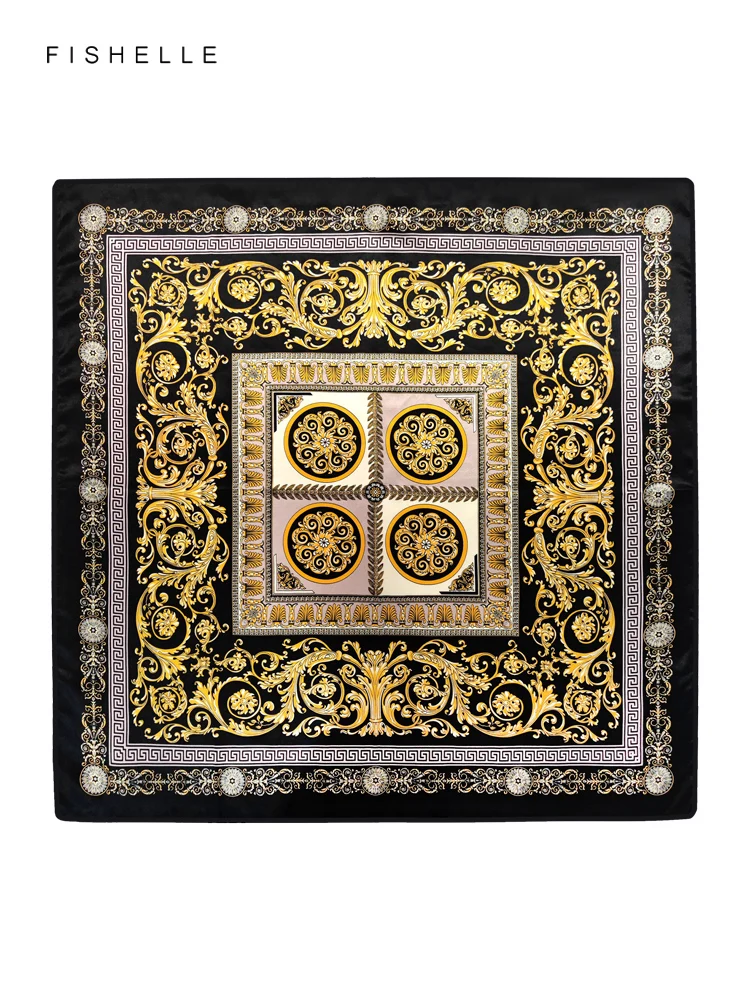 Exquisite patterns black&golden 100% natural silk scarf head band luxury gift women wrap bandana hijab shawl 90cm neckerchief