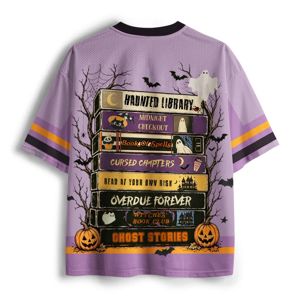 Halloween Ghost Library V-neck Mesh Jersey Unisex Oversized Loose Short Sleeved Pumpkin Dark Fun 3D Printed Top