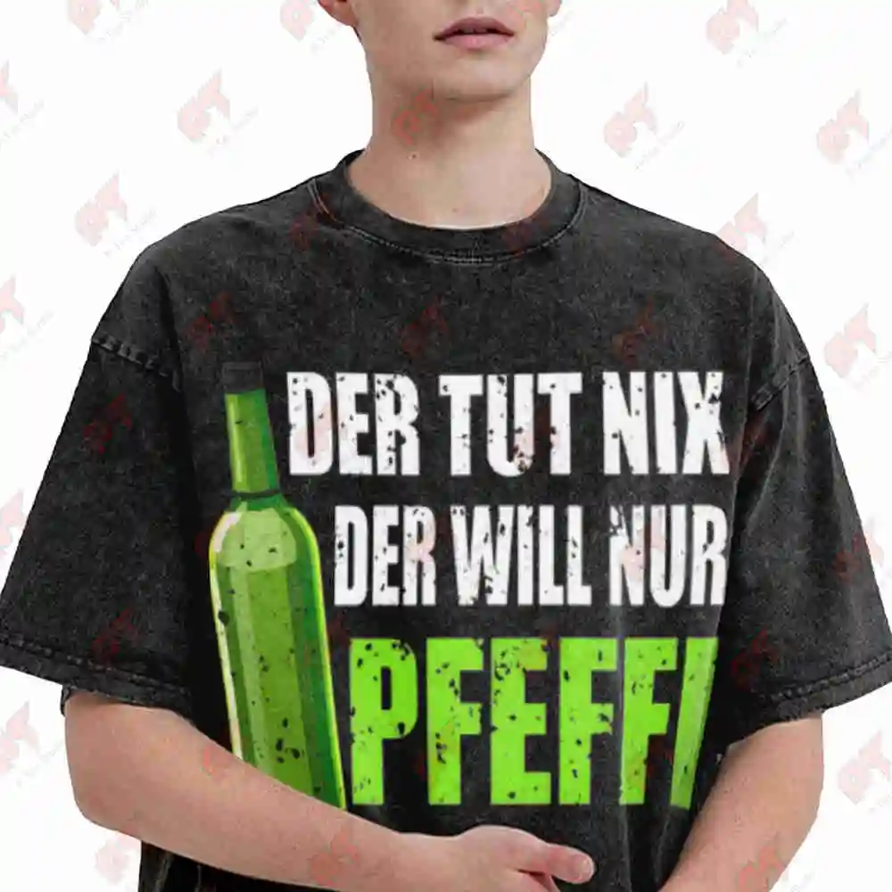 Pfeffi Peppermint Schnapps Liqueur German Phrase Vintage Washed Tee Pure Cotton T-Shirt