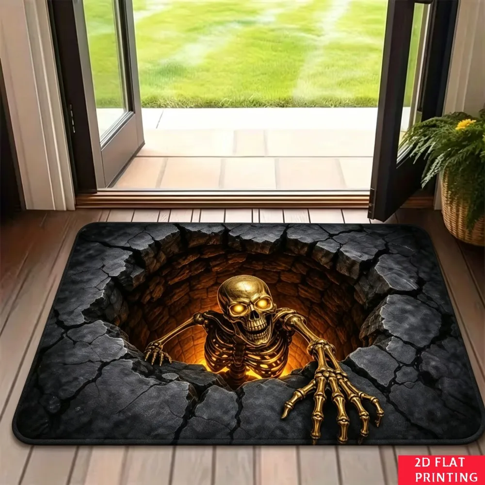 Golden Skeleton Rising 3D Doormat Cracked Stone  Glowing Bone Non Slip Visual Trick Entrance Rug For Halloween Home Decor