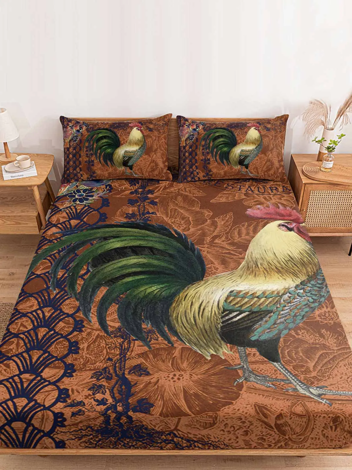 

Rooster Retro Pattern Brown Polyester Fitted Sheet Mattress Cover Four Corners Elastic Band Bed Sheet Pilllowcase