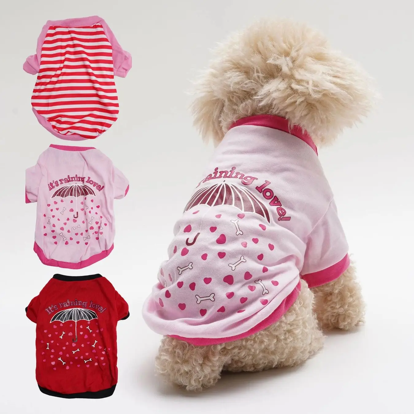 3 Pack Pet Clothes New Two-Feet Umbrella Heart Bone Stripe Print T-Shirts for Small to Medium Dogs