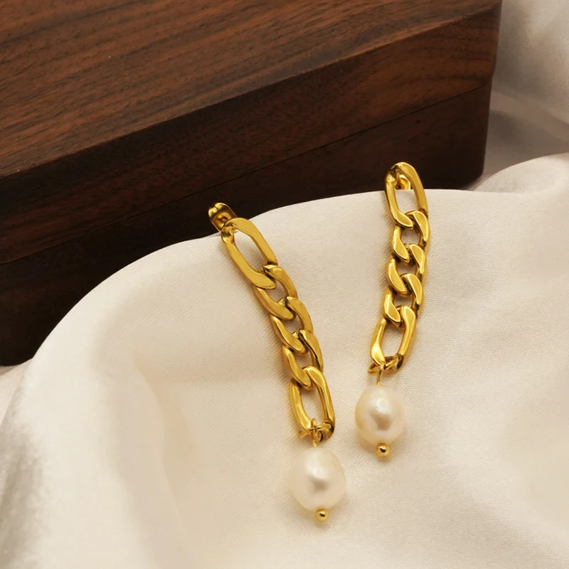 2024 New 18KGF Stainless Steel Link Natural Pearl Earrings Fashion Temperament Versatile Drop Earrings Elegant Ladies Jewelry