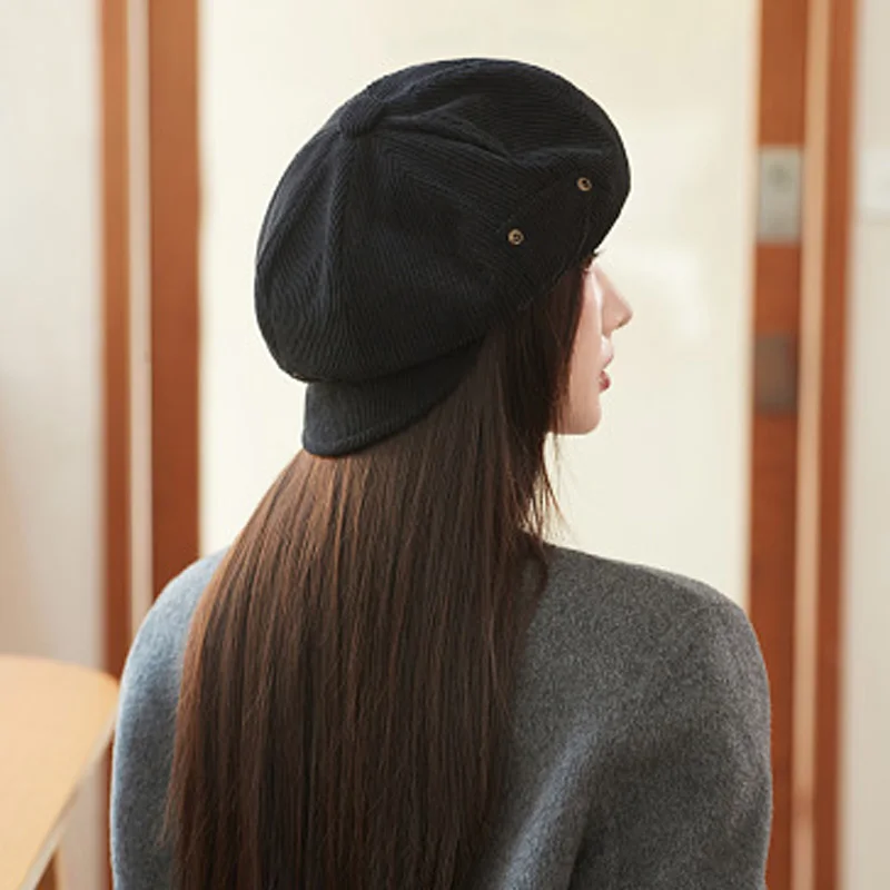 Autumn Winter Warm Beret for Women Thickened Corduroy Octagonal Hat Trendy Vintage Solid Color Berets Japanese Retro Painter Cap image 3