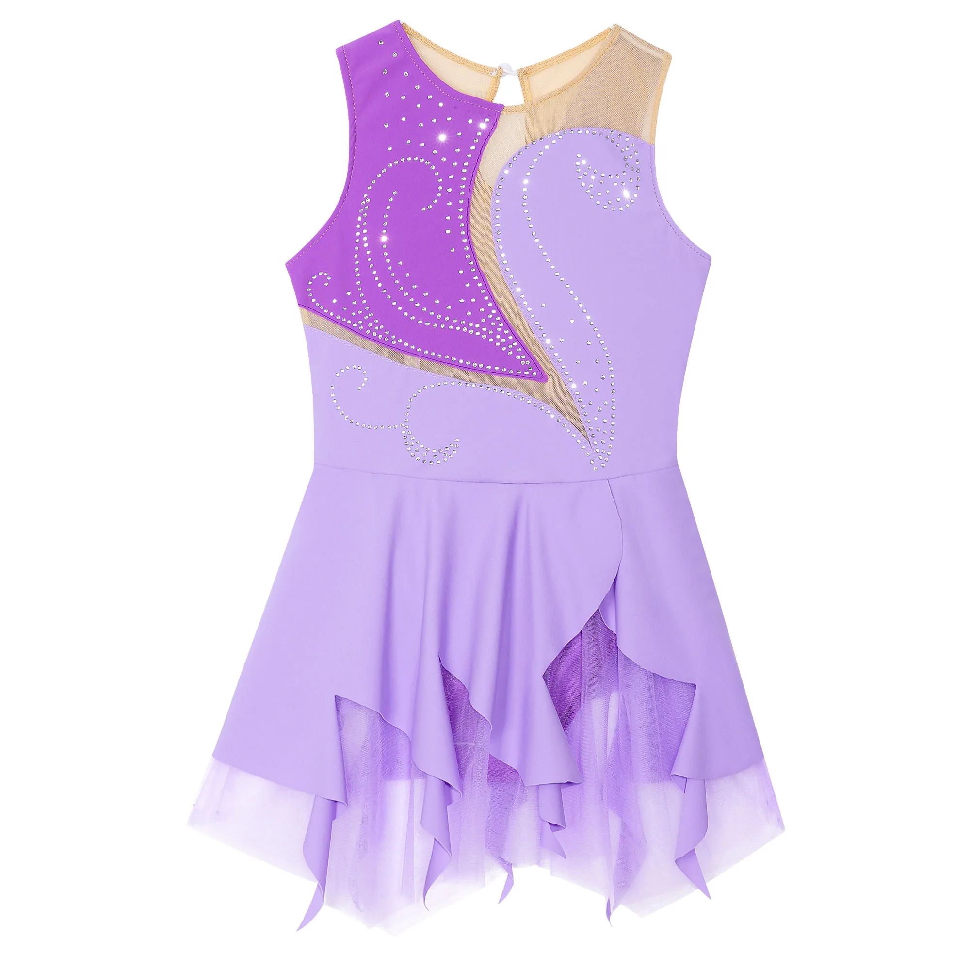 Kids Girl Sleeveless Rhinestone Mesh Figure Skating Leotard Dress Ballet Gymnastics Acrobatics Lyrical Dance Performance Clothes