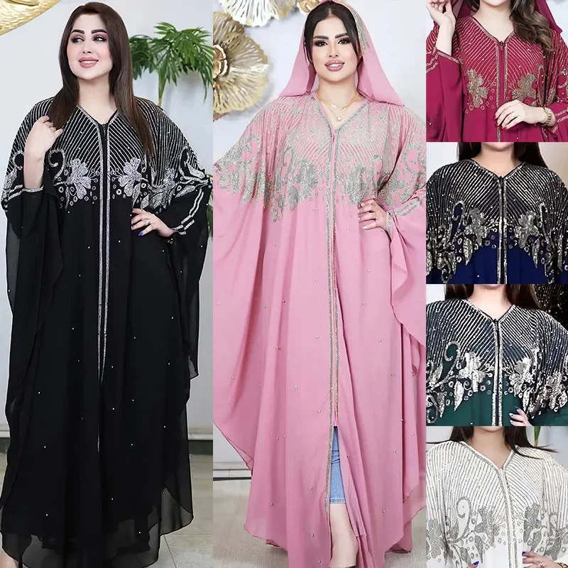 

New Muslim Abaya Diamond Dress for Women Hooded Long Robe Ramadan Africa Clothes 2 Piece Sets Ankara Dashiki Eid Djellaba Kaftan