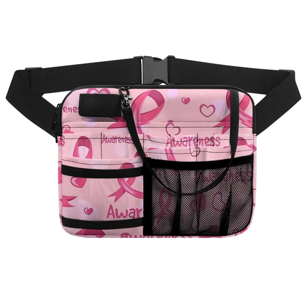 

Breast Cancer Awareness Print Operating Room Satchel Storage Medical Tools Waistpack Pockets Zippers Double Layer Crossbody Bag