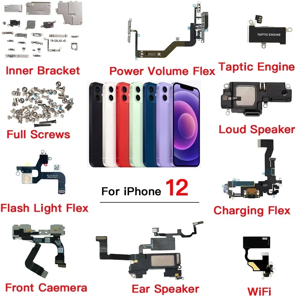 

Inner Part for IPhone 12 Front Rear Camera Power Volume Button Charging Port Ear Speaker Flex Cable with Bracket Full Screws