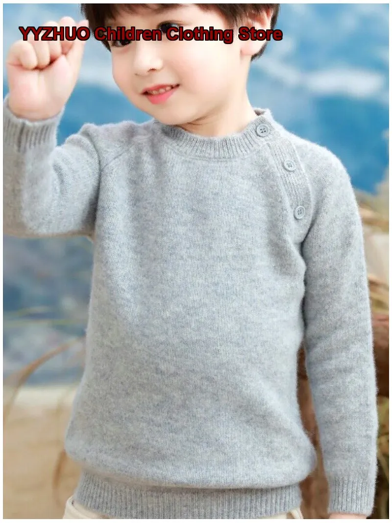 Baby Boys Girls Round Neck Cashmere Sweater Kids Autumn Winter Fleece Lined Thickened Base Layer
