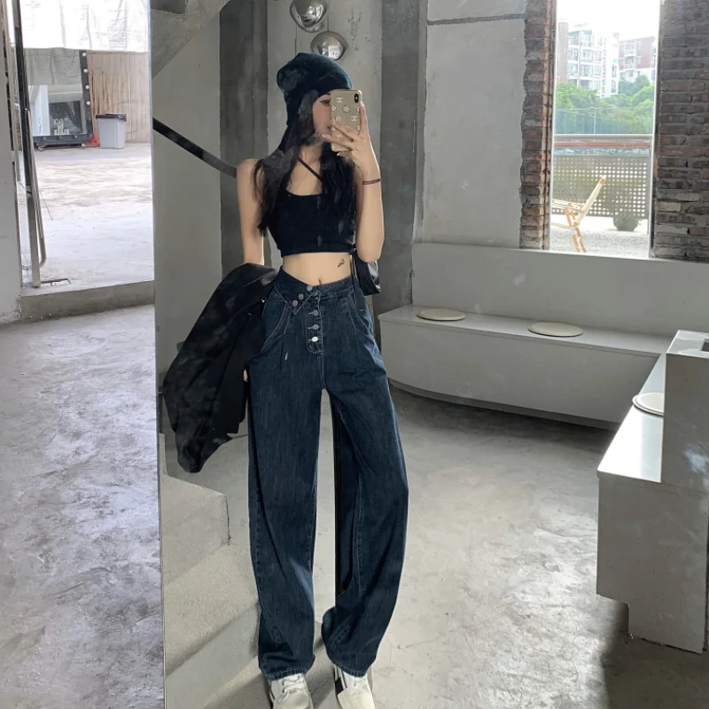 

Blue Gray New Gradient Jeans Women's Irregular Trendy High Street Harajuku Style Baggy Design Fashion Small Band Wide Leg Pants