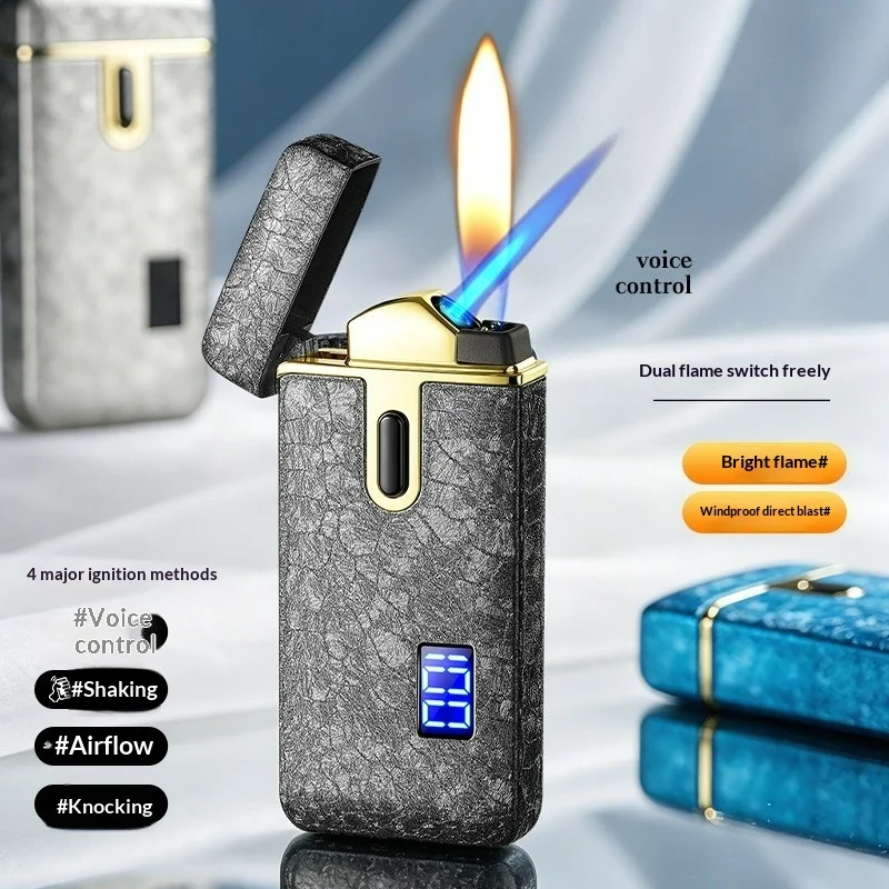 Dual Fire Switching Intelligent Voice Controlled Inflatable Lighter Visual Gas Window Digital Battery Display Butane Gas Lighter