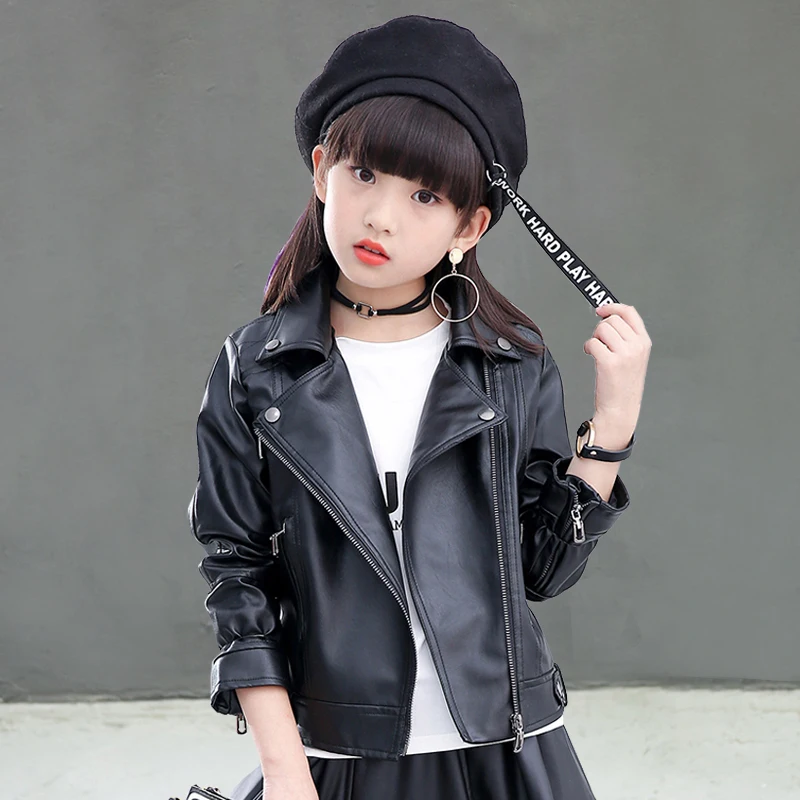 

Thiened Fce Girls Leather Jaet Children's Faion Outerwear PU Zipper Closure Commute Sle Korean Version Big Size
