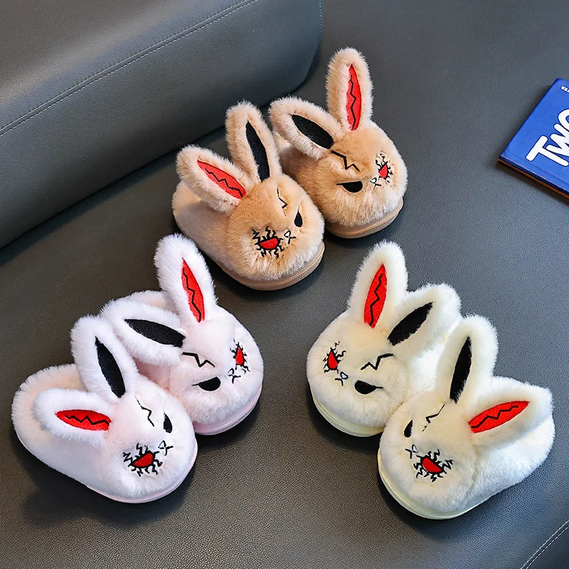 Kids'Slippers Plush Rabbit Winter Fashion Shoes For Children Anti-slip Soft Bottom Home Slipper Pink Black Size 24-37