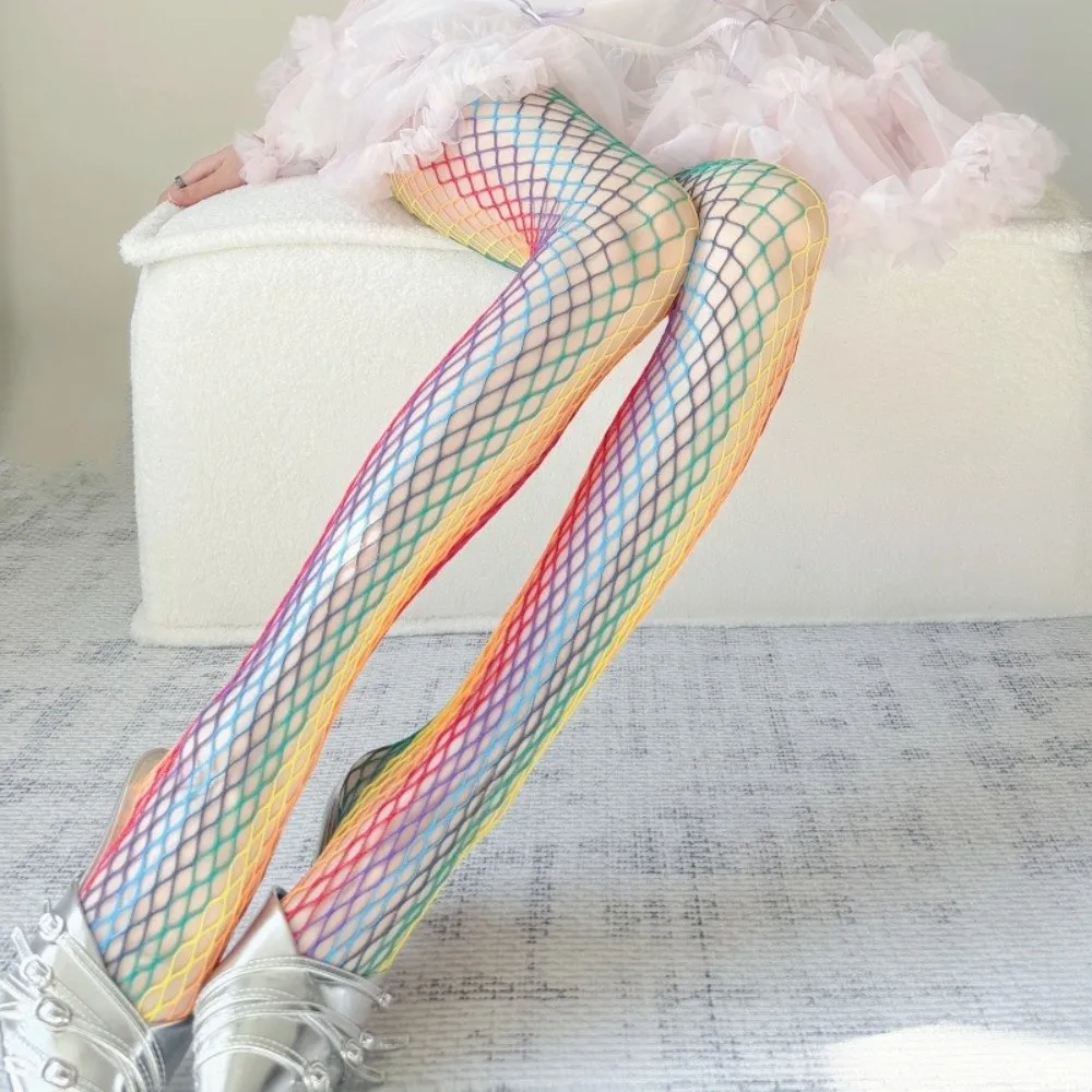 Sweet Cool Dopamine Rainbow Fishnet Stockings Y2K High Waist Sexy Pantyhose Gradient Mesh Hollowed Out Tights Women Fashion