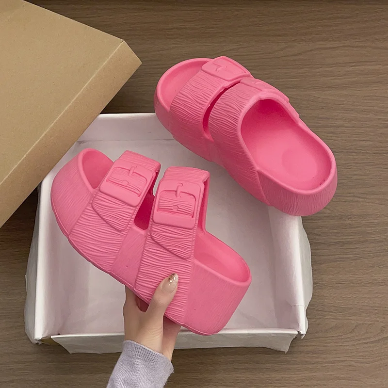 ZUOFU Women Double Buckle Platform Wedge EVA Slides Spring Summer Non-Slip Textured Indoor Outdoor Beach Slippers