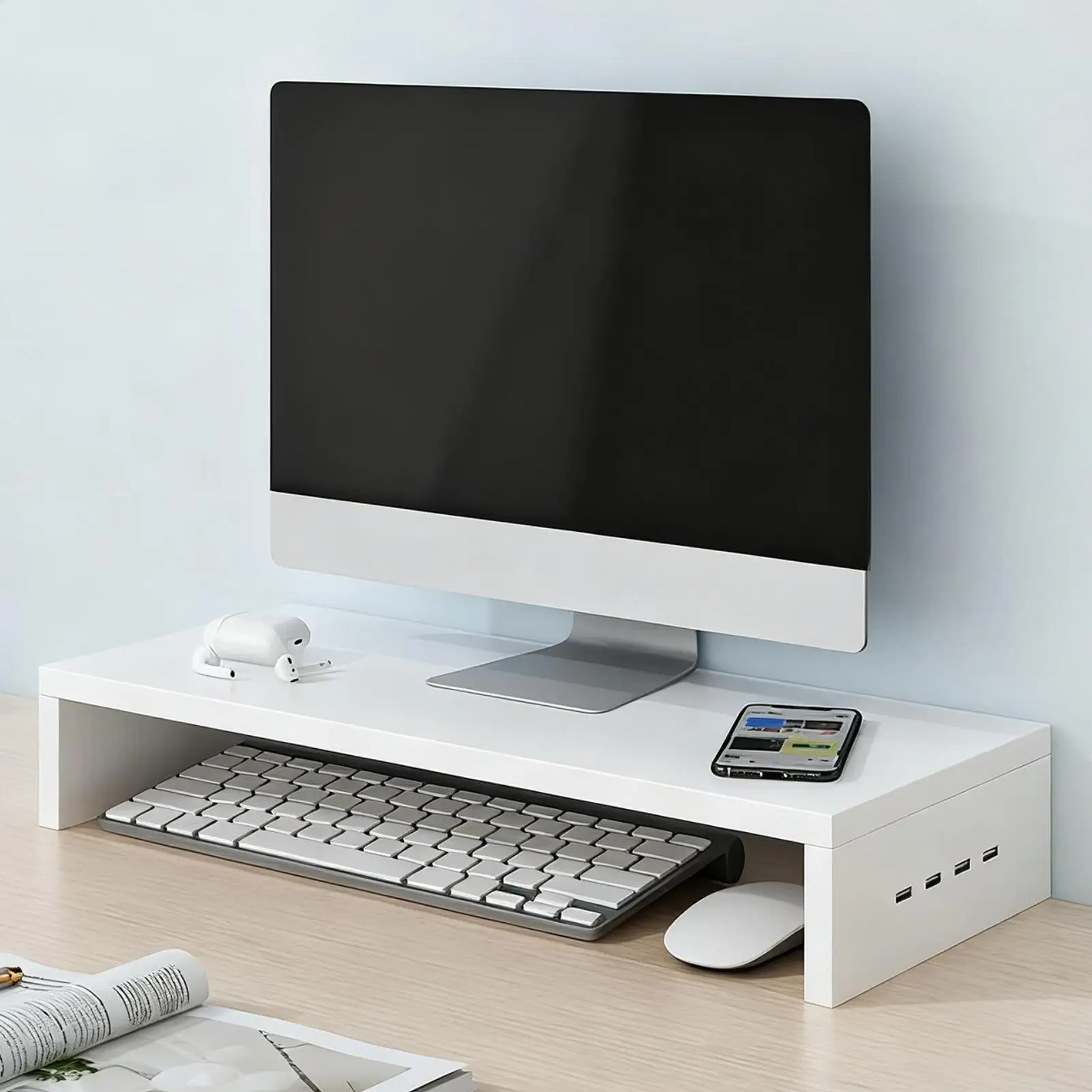 Rak Monitor Stand Riser Ventilasi dengan 4 Port USB, Rak Printer Kantor, Rak Penyimpanan Keyboard Kayu untuk Kantor