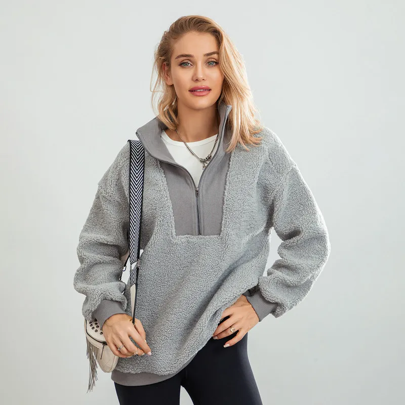 

Women Fuzzy Fleece Sweatshirts Warm Clothes Half Zipper Pullovers Long Sleeve Tops Streetwear