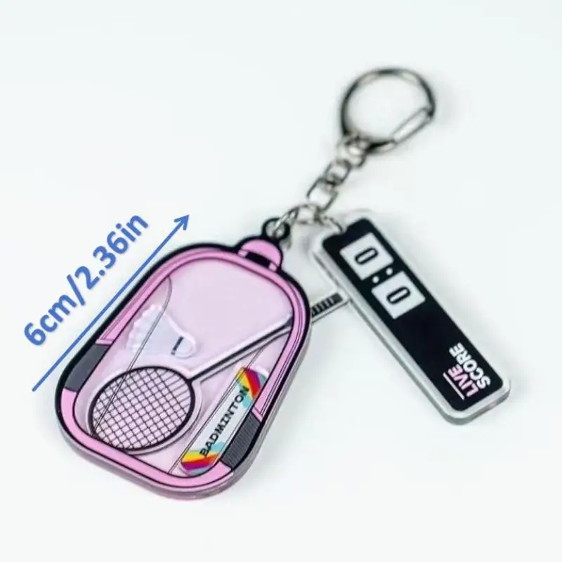 Badminton-Themen-Schlüsselanhänger aus transparentem Acryl mit schwebendem Federball und Schläger-Anhänger, sportliches Dekoratives Taschenornament. – Detail 8