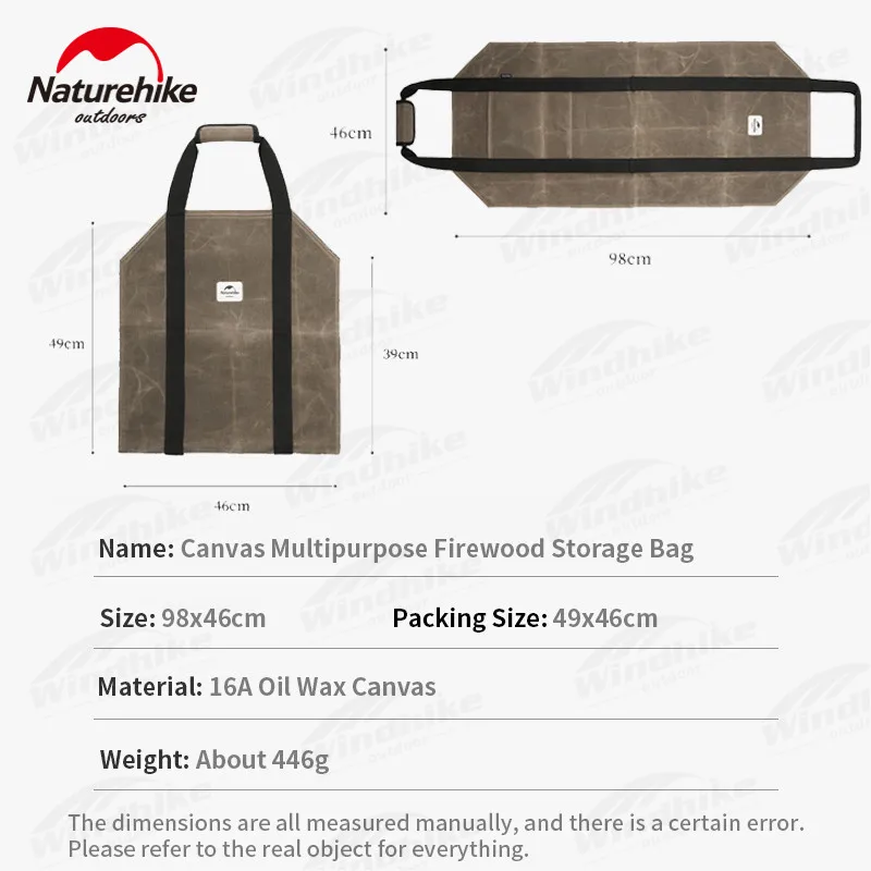 Naturehike Ultralight Versatile Firewood Storage Canvas Bag Thicken Handle Camping Wood Carrier Bag Durable 446g BBQ Travel Bag