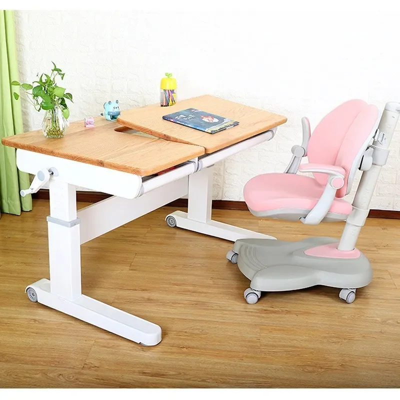 Adjustable Height Red Oak Solid Wood Desk for Kids Students Home Study Writing Table Ergonomic Primary Secondary School