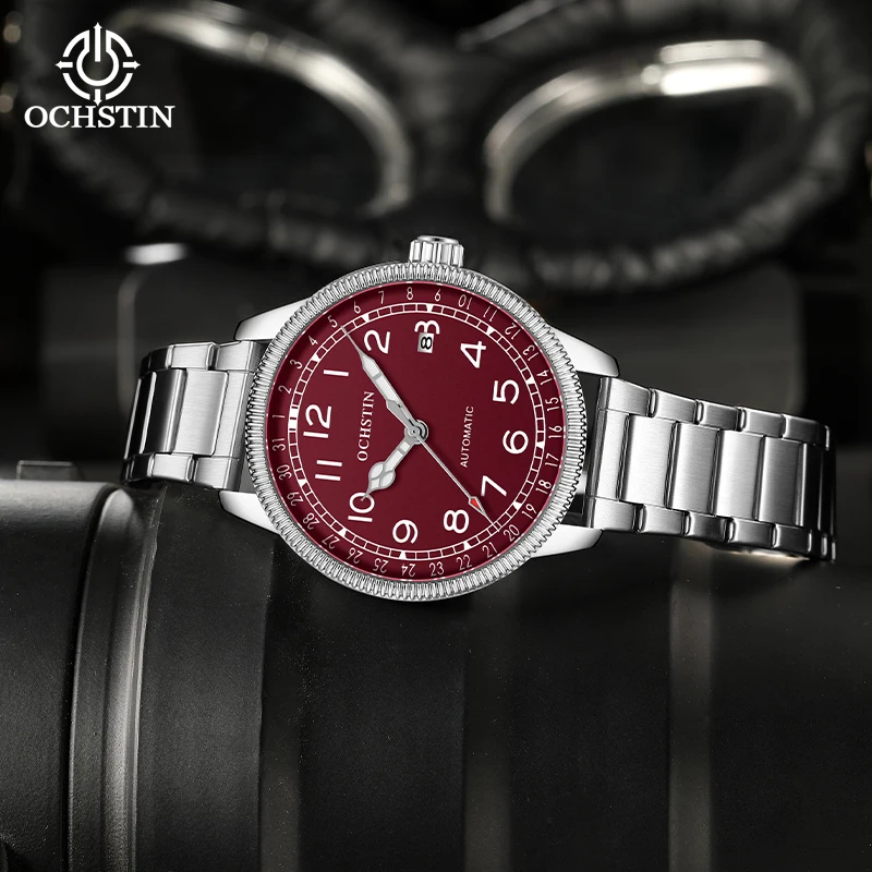 OCHSTIN Automatische Herrenuhr, Edelstahlarmband, Gehäuse mit Münzkanten-Design, leicht ablesbares Zifferblatt mit Datum, mechanische Herren-Armbanduhr