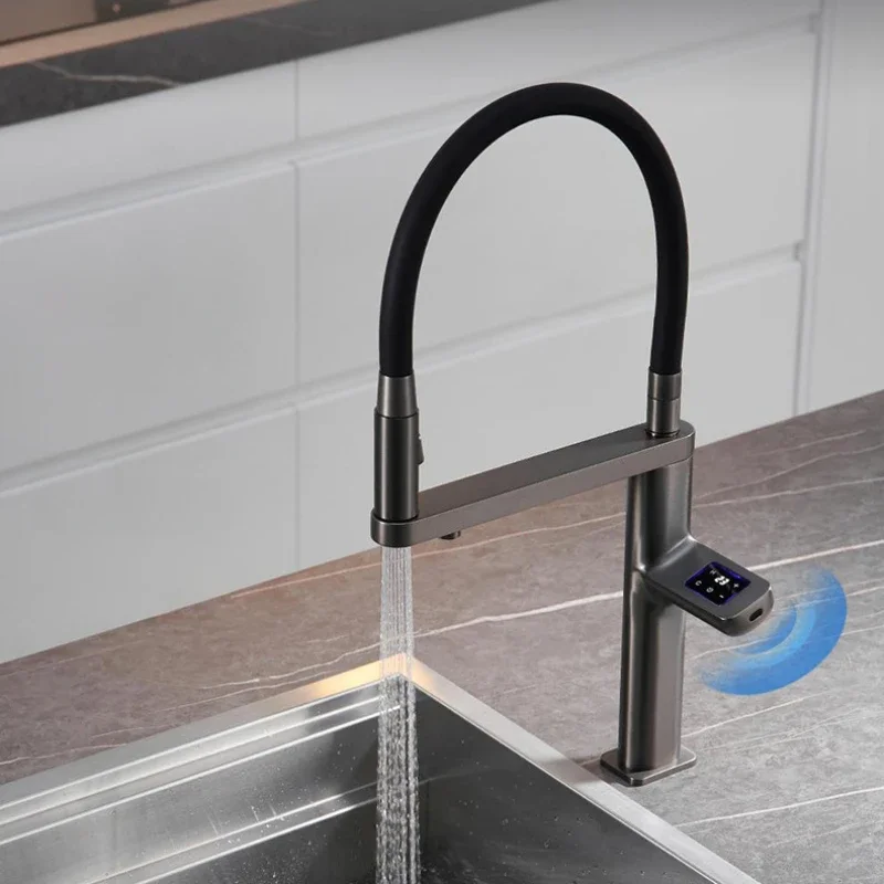 Pull Out Brass Kitchen Faucet Intelligent Sensing Digital Touch Temperature Control Hot And Cold Water Mixer Direct Drinking Tap